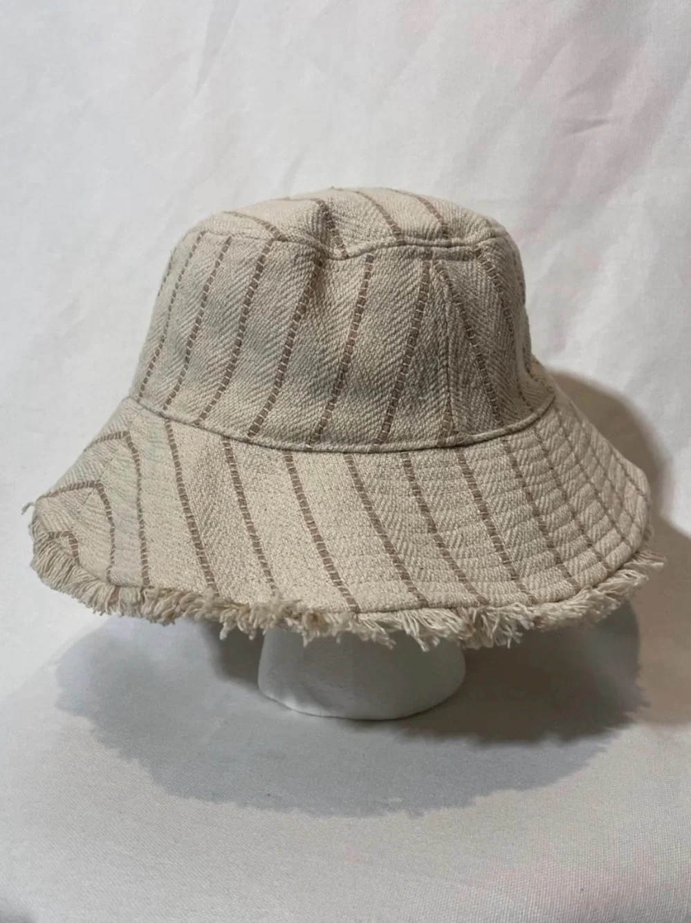 Frayed Edge Beige Striped Bucket Hat